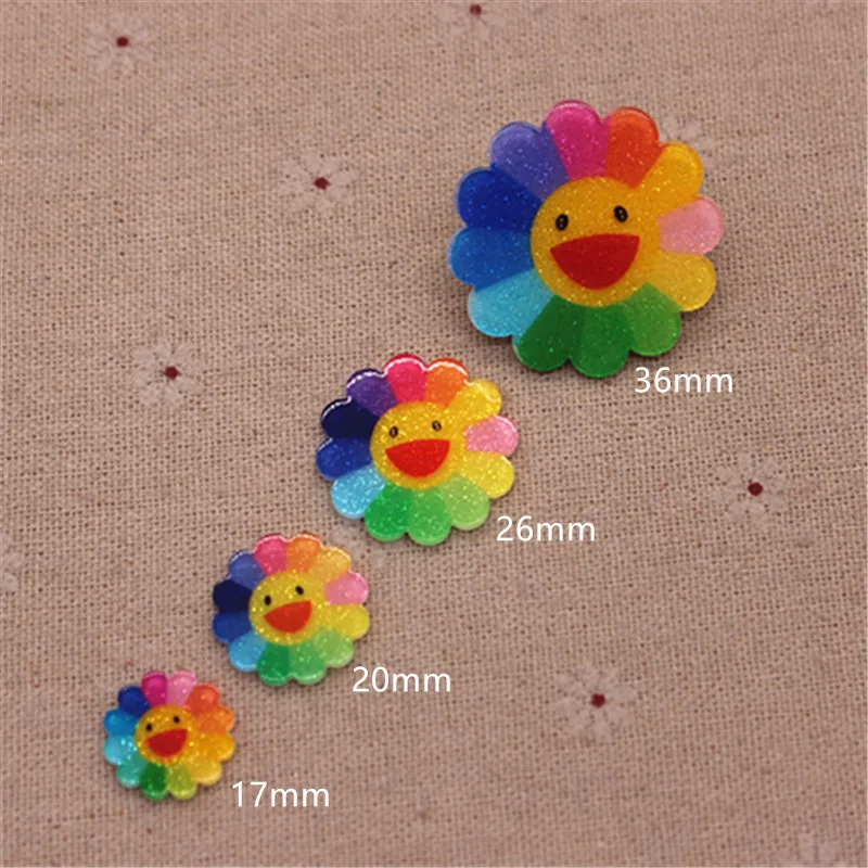 17mm-36mm Cute Resin Planar Rainbow Smiling Sunflower FlatBack Cabochon DIY Scrapbook Hair Ornament Decoration