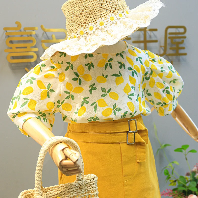 New Fashion Summer Girl Clothing Suit Country Style Floral Puff Sleeve Top + Belt Denim Skirt Two-Piece Suit Children\'S Clothing