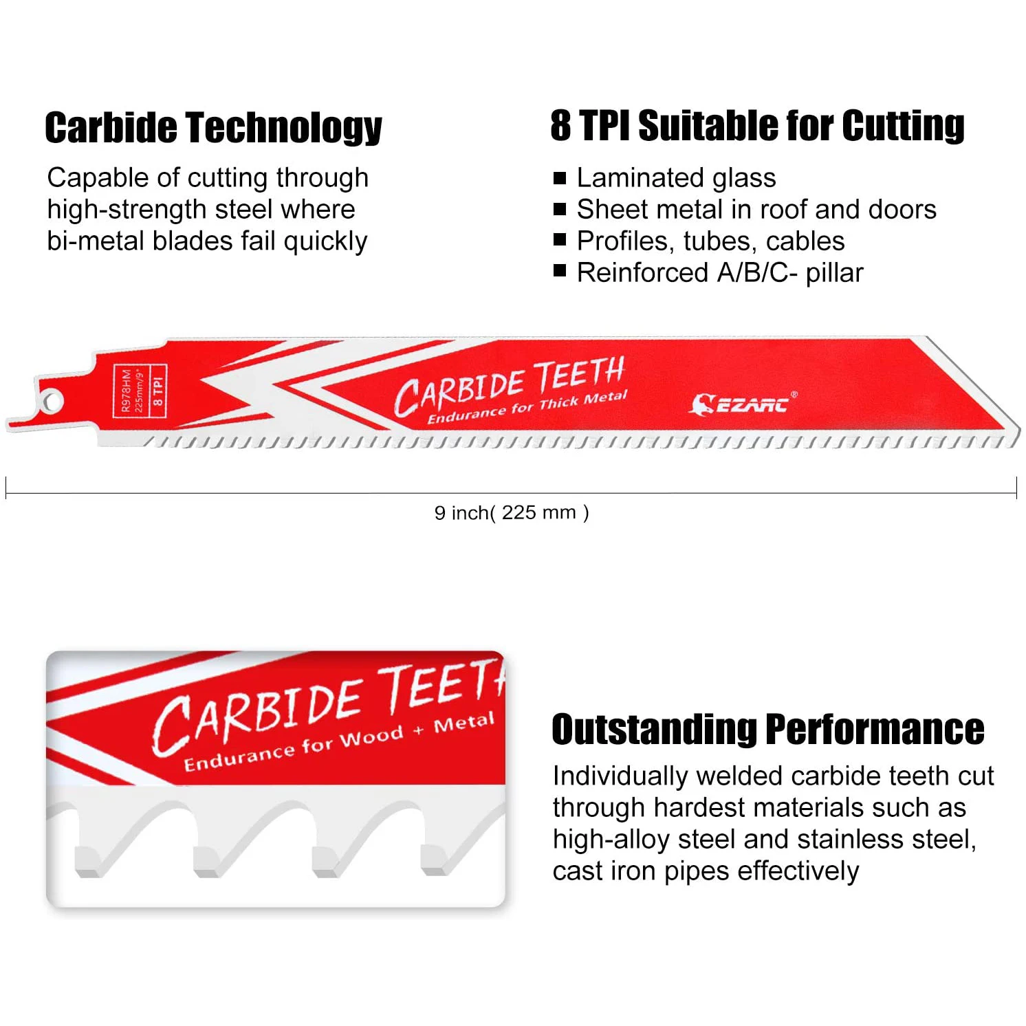 EZARC Carbide Reciprocating Saw Blade R678HM or R978HM Endurance for Thick Metal, Cast Iron, Alloy Steel 6‘’ & 9‘’ 8TPI 1/2/3Pcs