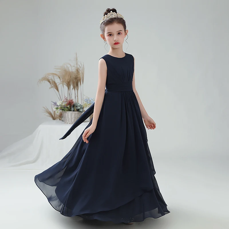 Dideyttawl Maßgeschneiderte marineblaue Chiffon-Mädchen-formale Partykleider, lange Junior-Brautjungfer-Blumenmädchenkleider für den Hochzeitsabend