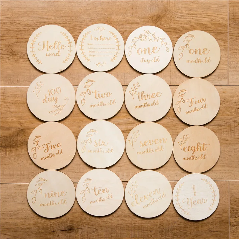 16 Pcs Month Sticke Baby Milestone Memorial Monthly Newborn Kids Photography Engraved Wood Age Card Number Photo Props gifts