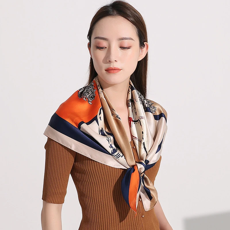 100% Real Silk Square Scarf For Women Print Echarpe Femme Pure Natural Silk Bandana Bufanda Mujer Handkerchief Neckscarf 88x88cm