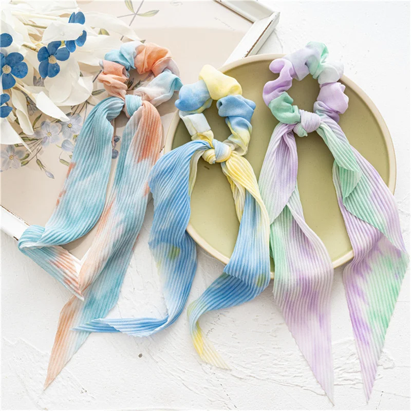 

Chiffon Hair Scarf For Women Fashion Tie Dye Folds Long Ribbon Elastic Hair Band Ponytail Holder Scrunchie Girl Hair Accessories