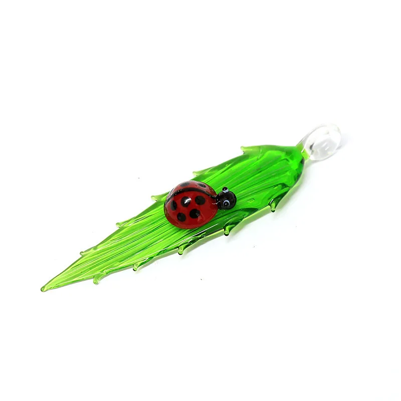 Long Strip Green Glass Leaf Pendant With Cute Mini Ladybug Figurines Holiday Gifts Fairy Garden Home Hanging Decor Accessories