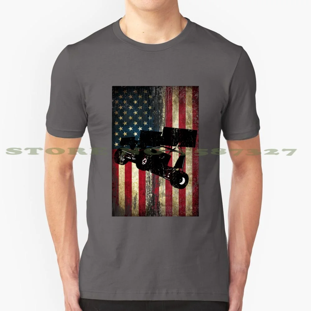 Distressed American Flag Sprint Car Racing 100% Cotton T-Shirt Race Racing Speedway Speedtrack Car Flag Usa Patriotic Vintage