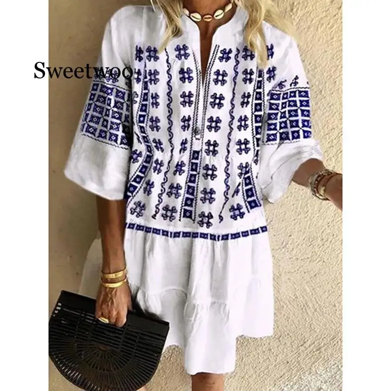 

Summer New Style Europe And America WOMEN'S Dress Hot Selling V-neck Loose-Fit Floral Printed Dress