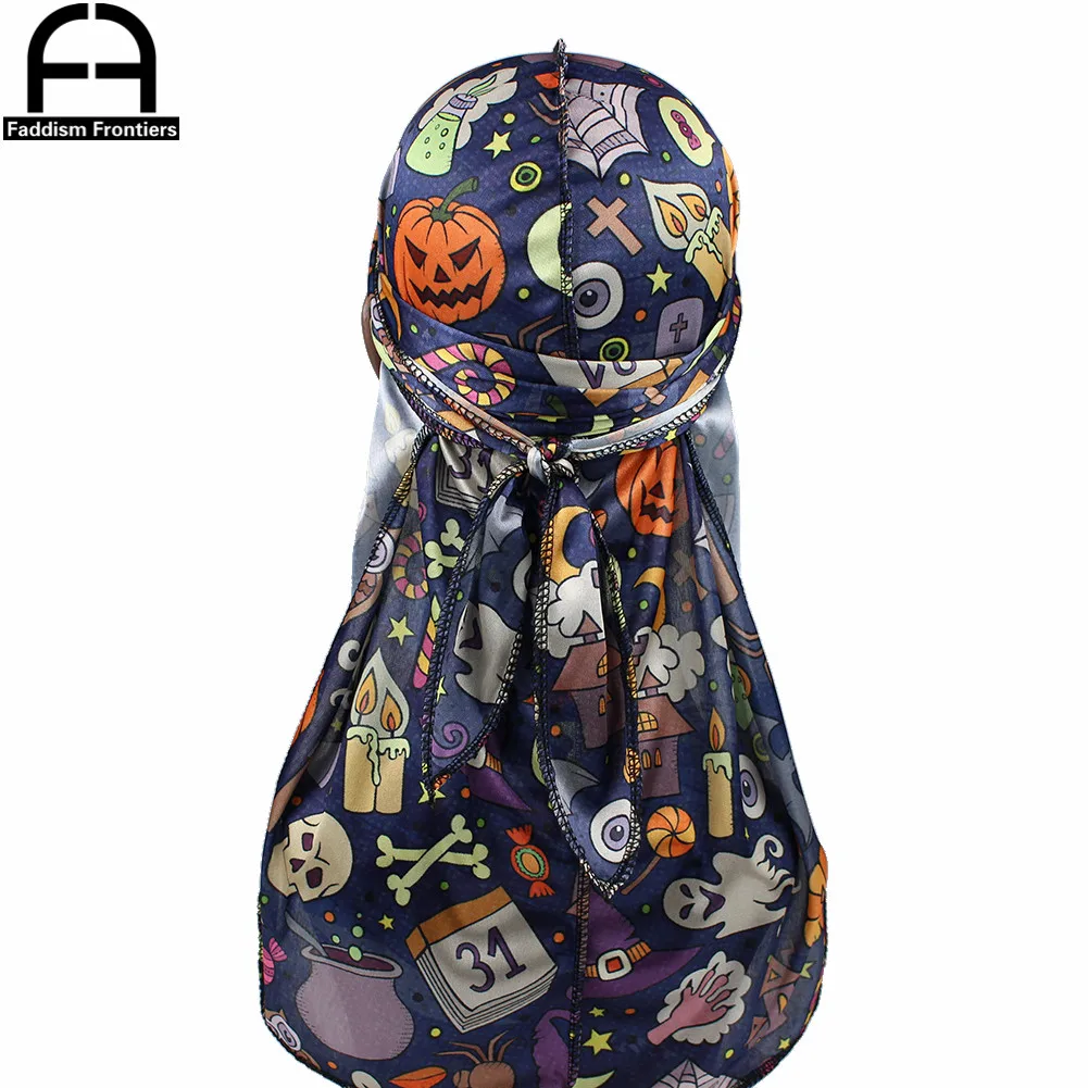 3 Colors Unisex Men Halloween Silk Durag Bandanas for Men Wave Cap Cartoon Print Silky Durags Headwear Durag