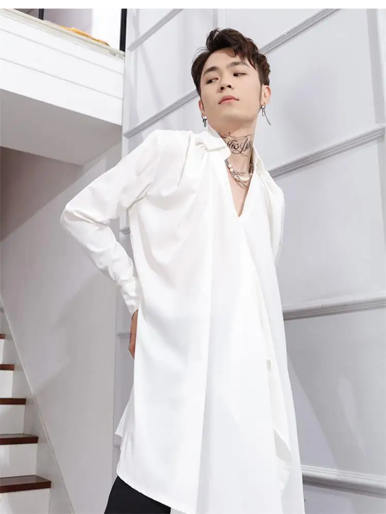 Men's long waist rope long sleeve shirt irregular loose large size small shirt jacket personality shirt