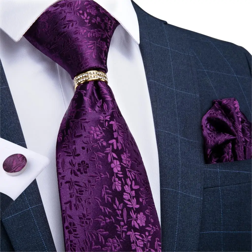 

Men Tie Dark Purple Solid Floral Wedding Tie For Men Necktie Ring Hanky Cufflink Silk Tie Set DiBanGu Designer BusinessJZ03-7267