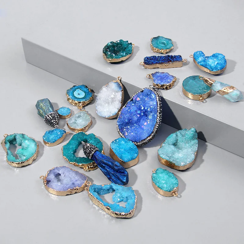 1PC Natural Blue Druzy Stone Pendant Connecter Metal Mineral Specimen Crystal Agates Slice Pendant Charm Geode Rough For Jewelry