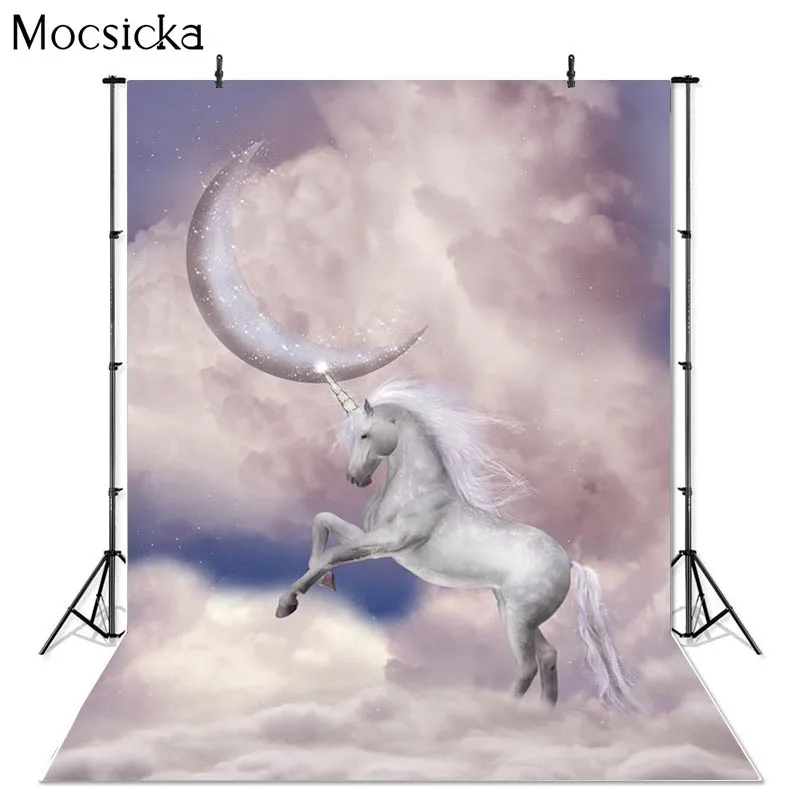 

Mocsicka Unicorn Photography Background White Clouds Moon Decoration Props Newborn Shower Photo Backdrop Studio