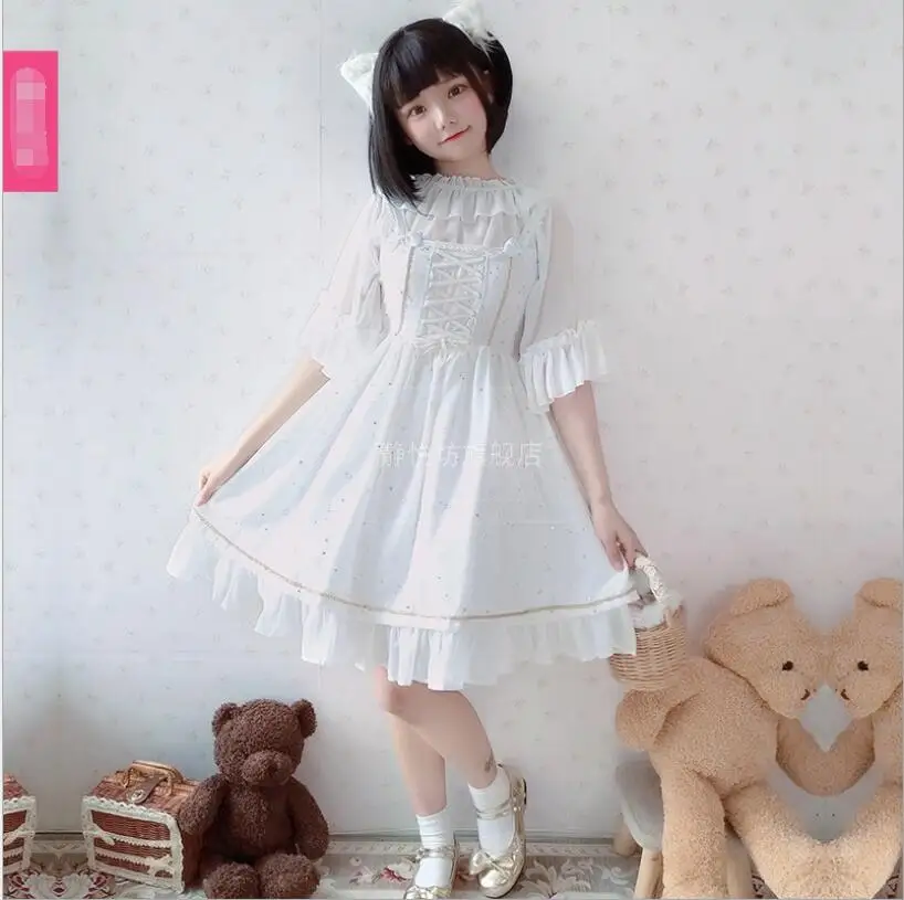 Japanse Mori Meisje Op Zoete Jurk Ster Chiffon Gelaagde Ruches Spaghetti Band Jsk Jurk Lolita Cos Loli Thee Party Dress