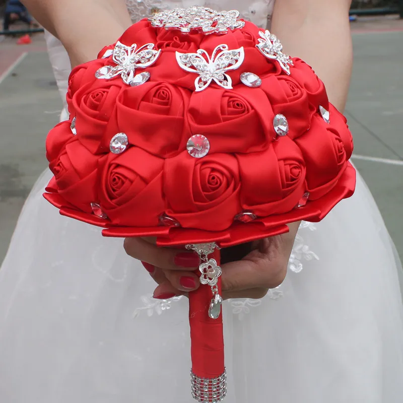 WifeLai-A Handmade Red Artificial Rose Flowers Rhinestone Bride Bridesmaid  Bouquet Diamond Brooch Wedding Bouquet Flower W292