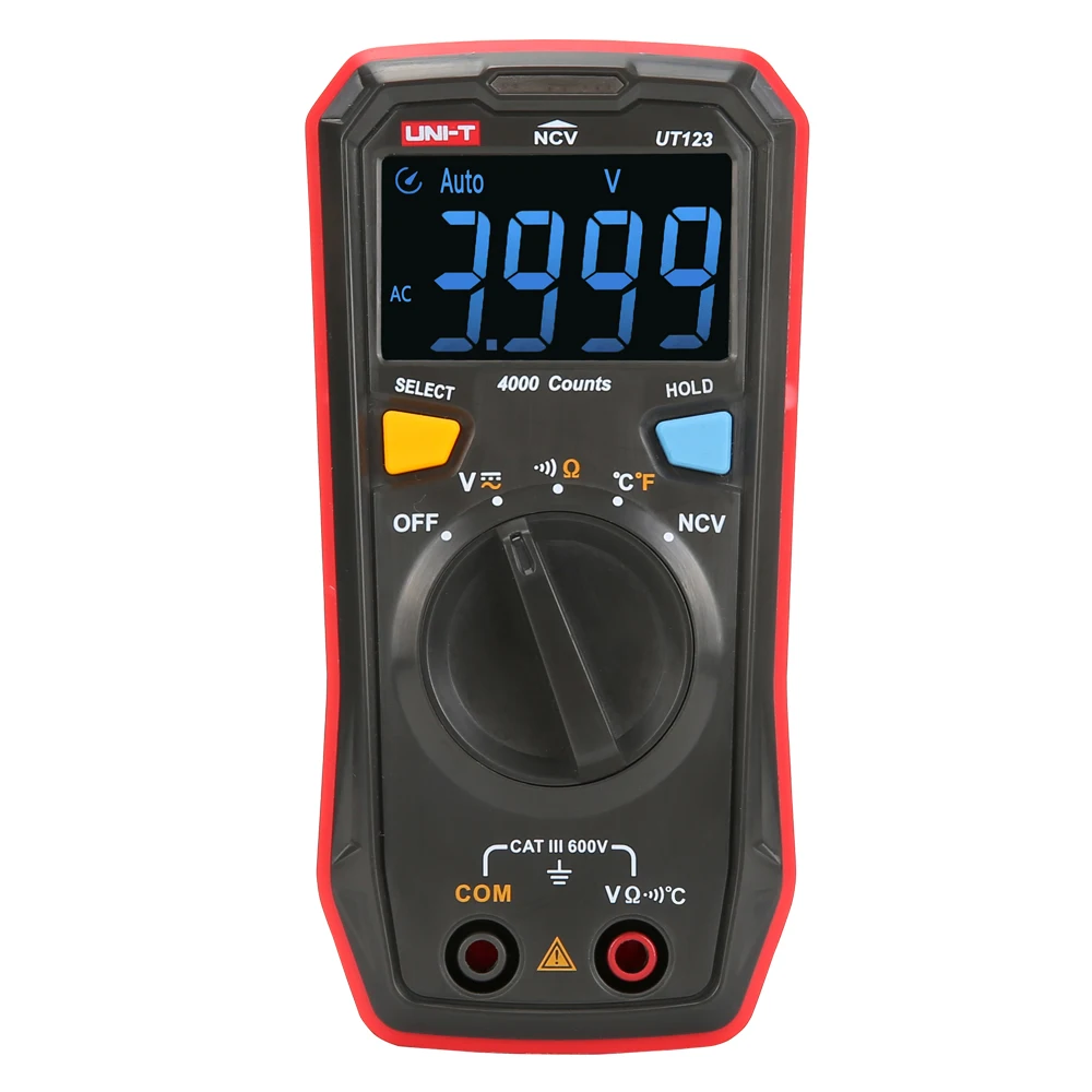 UNI-T UT123 Mini Digital Multimeter Auto Range Data hold AC DC Volt Meter Ohm Temperatue NCV/Continuity Tester EBTN Display