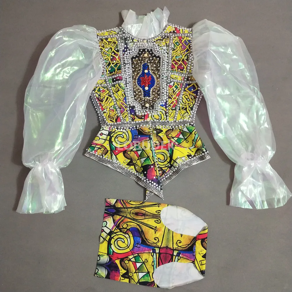 Traje de escenario Vintage Sexy con estampado de perlas, chaqueta con mangas abullonadas, pantalones cortos, traje de baile, Bar, club nocturno, cantante, bailarina, ropa de actuación