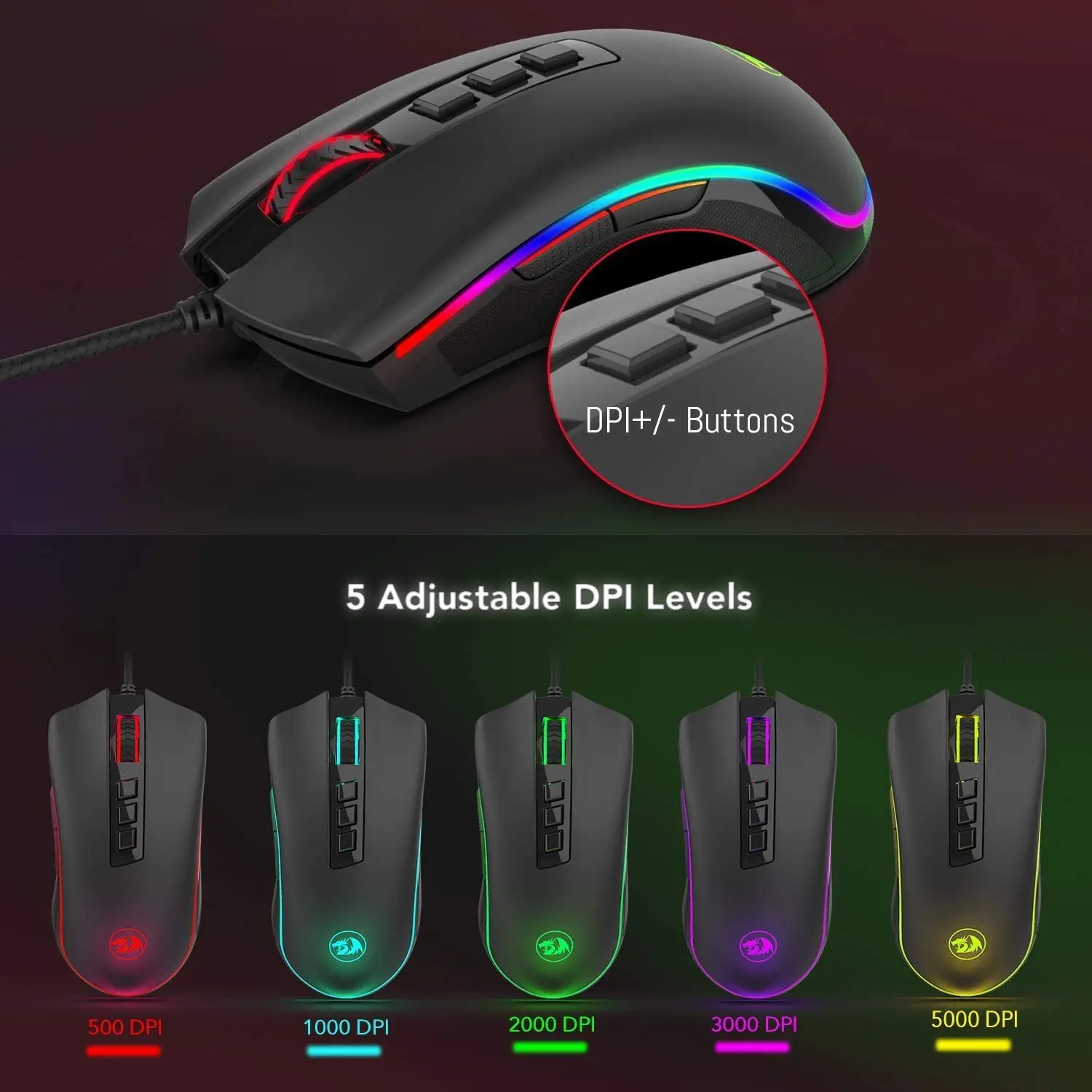 Redragon-ratón para juegos M711 Cobra 10000 DPI, Mouse retroiluminado con 16,8 millones de colores RGB