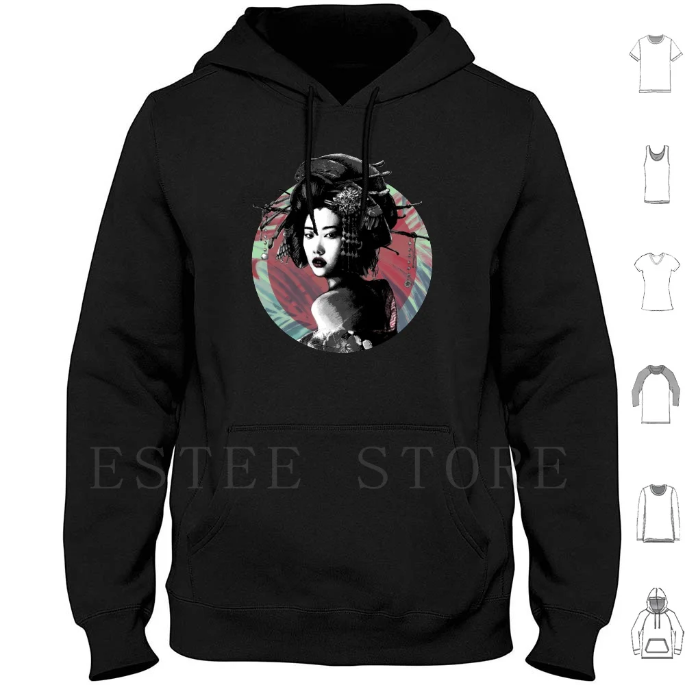 Suspended Time Hoodies Geisha Woman Portrait Portrait Engrevement Ink Balck And White Asian Japanese Woman