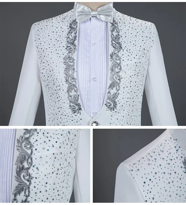 White Sparkly Crystals Embroidery Mens Suits With Pants Wedding Groom Tuxedo Suit Men Stand Collar Stage Costume Homme Mariage