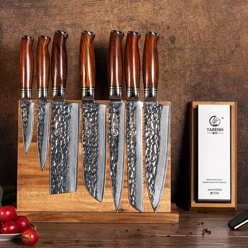 YARENH 7-9 Pcs Chef Knife Set Japanese Damascus Professional Knife Sets - Kitchen Magnetic Knife Holder-Grindstone-Chef\'s Gift