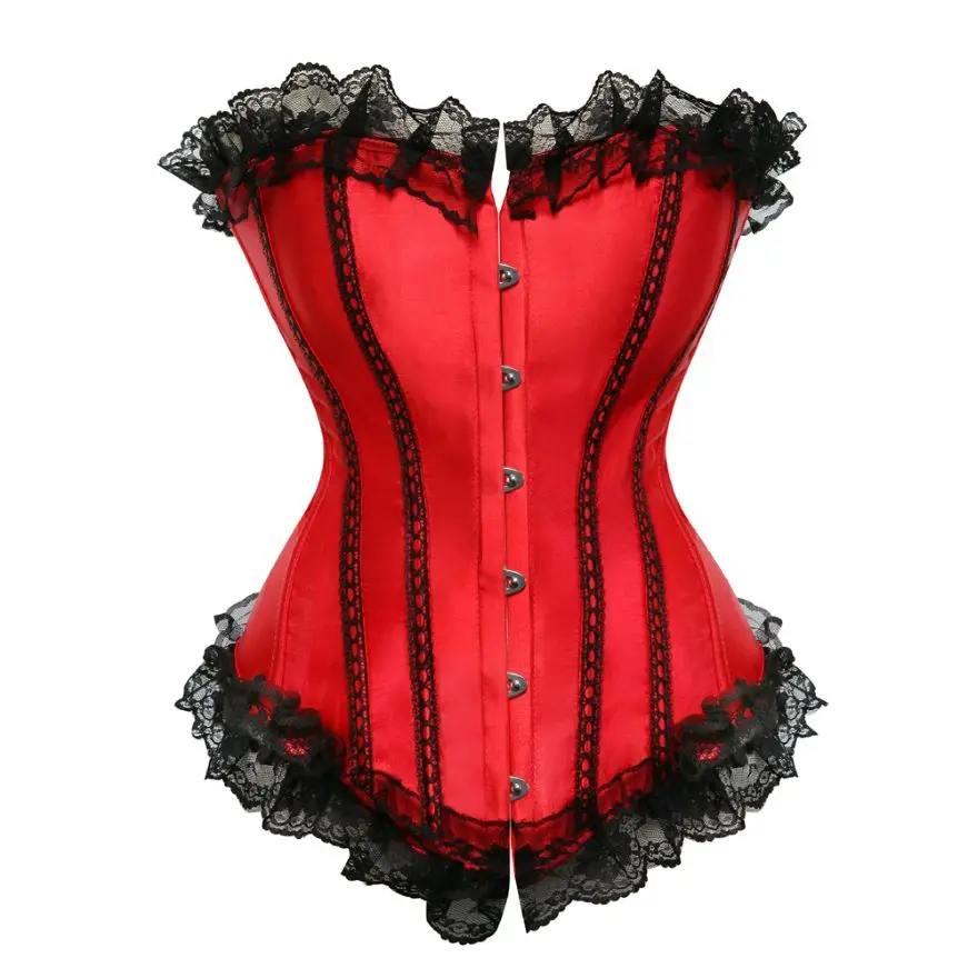 Women Bustier Corset Top With Lace Trim Gothic Vintage Satin Overbust Corset Plus Size Body Shaper Burlesque Lingerie Corselet