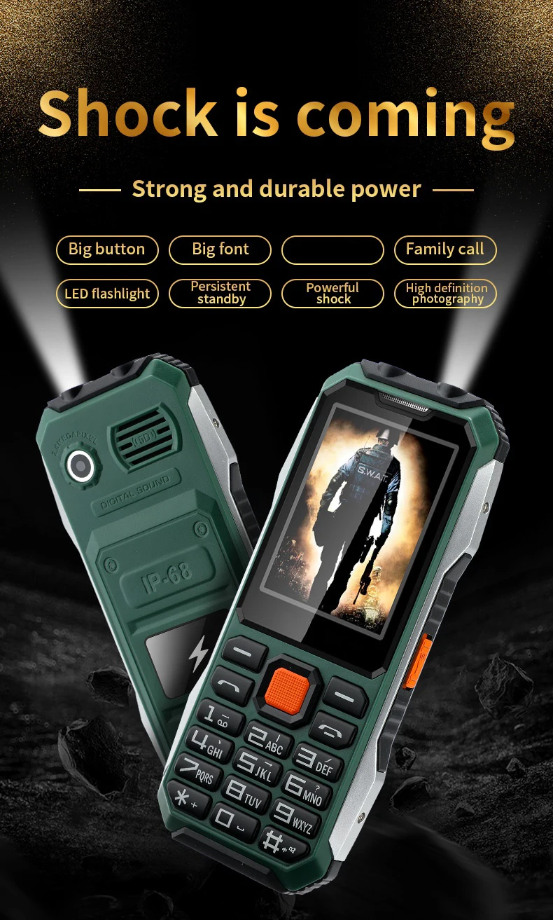Slim Rugged Outdoor Phone Dual SIM Big Button Long Standby Blacklist Loud Speaker Two Flashlight SOS Dialing MP3 Video Player