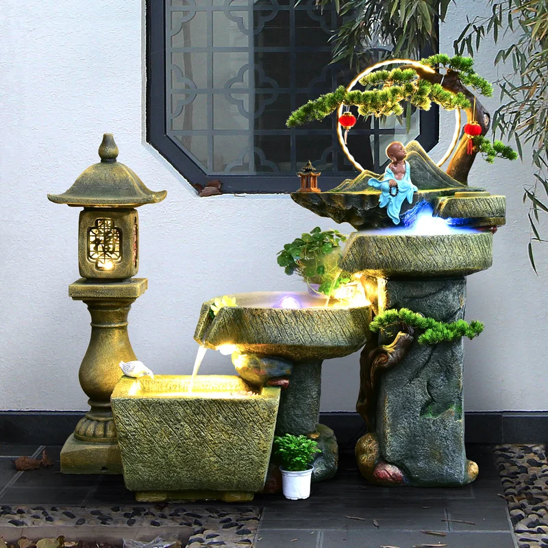 TT Chinese Rockery Fountain Water Stone Mortar Balcony Lucky Decoration Zen Root Carving Humidifier Fish Pond