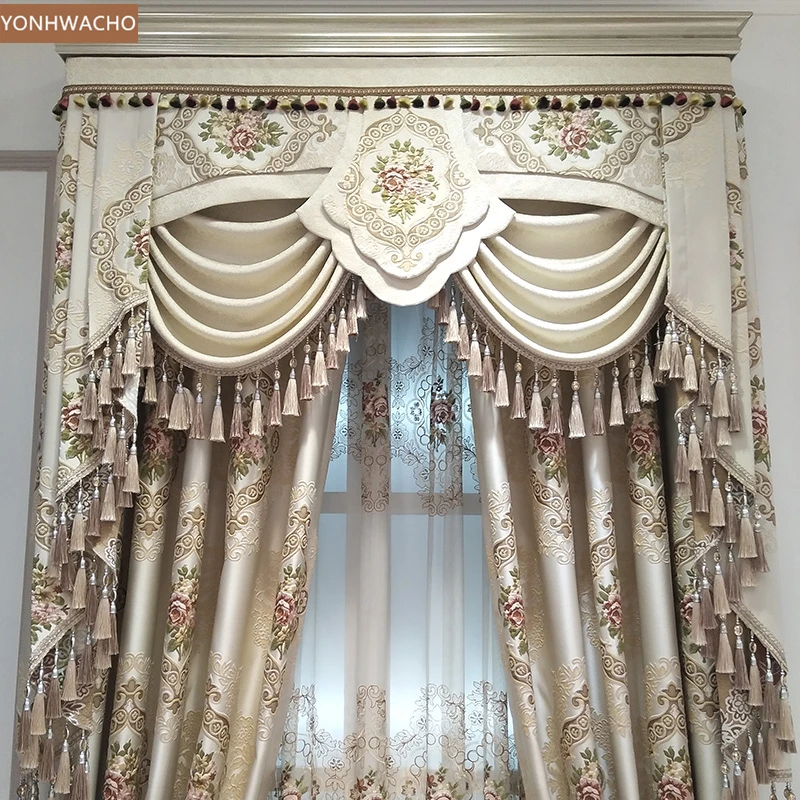 Custom curtain European luxury jacquard high precision embossed  beige thick cloth blackout curtain valance tulle panel C512