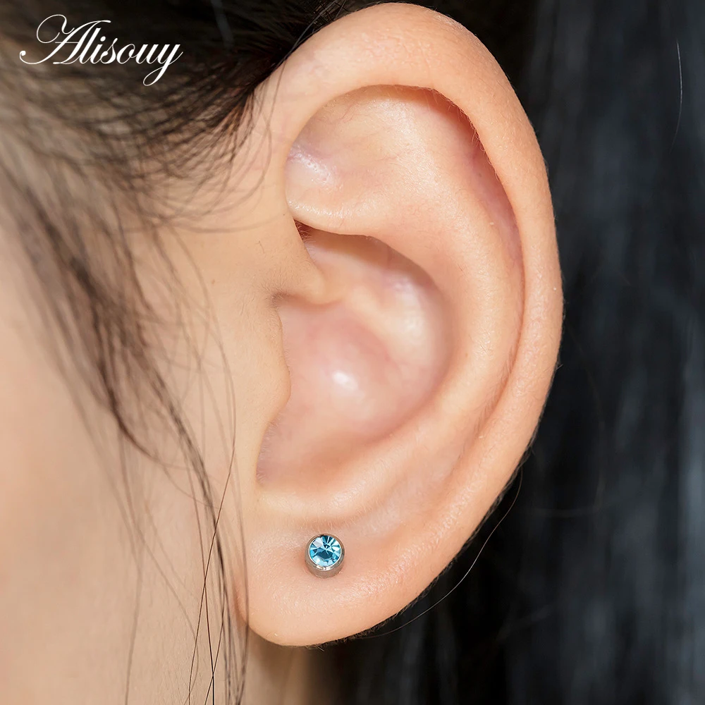 Alisouy 2pcs Stainless Steel Birthstone CZ Zircon Ear Helix Tragus Cartilage Stud Earrings Piercing Professional for Gun Jewelry