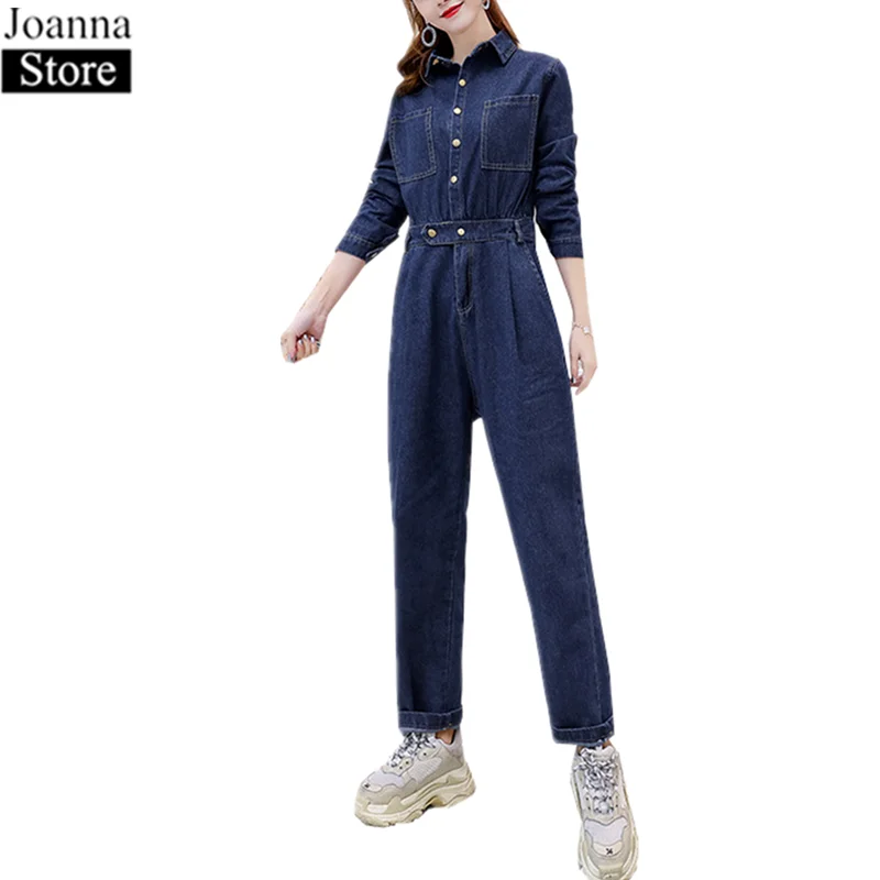 Musim Semi Denim Panjang Celana Kodok Wanita Lengan Panjang Tombol Kantong Kasual Longgar Playsuits Biru Musim Gugur Liar Plus Ukuran Rompers Wanita