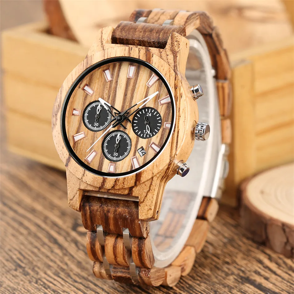 

Calendar Chronograph Watch Lady Quartz Wooden Bangle Wristwatch Luxury Creative Wood Bracelet Clock Folding Clasp Female Watches