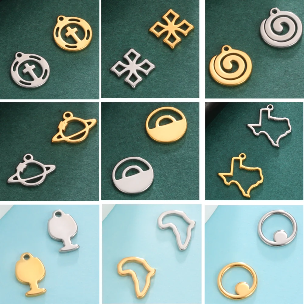 5 Stück/Set Kleine DIY-Anhänger für Schmuckherstellung aus Edelstahl, Niedliche Kreuz-, Planeten-, Karten- und Runde Anhänger für Ohrringe, Halsketten und Armbänder – Detail 1