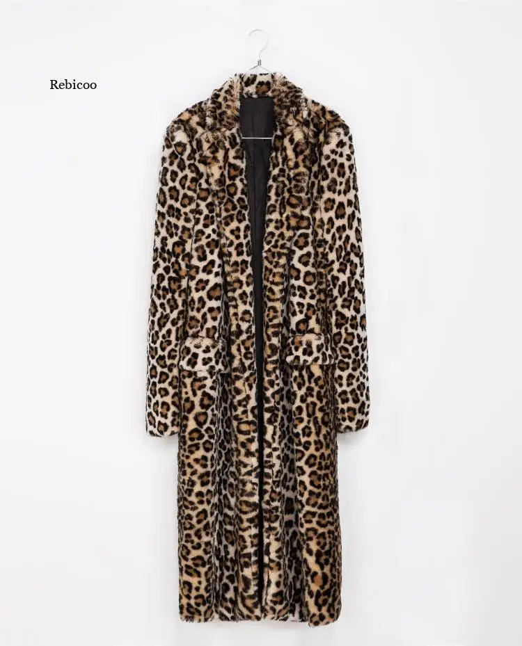 New Women Fluffy Faux Fur Coat Winter Warm Leopard Print Long Sleeve Loose Outerwear Turn-down Collar Long Coats