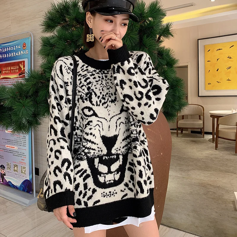 Round Neck Leopard Print Loose Sweater Women Long-sleeved Stretch Knitted Bottoming Sweater Pullover Female Spring Autumn 2023