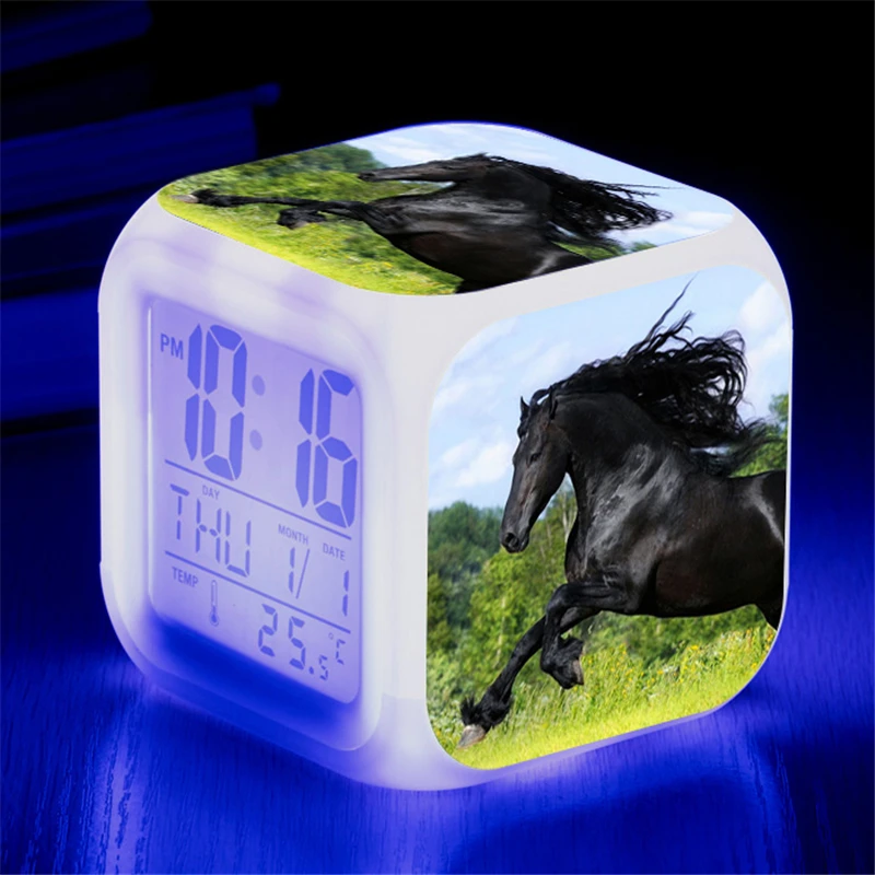 Animals Horse Digital Clocks Color Changing Despertador White Horses Led Alarm Clocks Action Figure Light Up Toys Doll Kids Gift