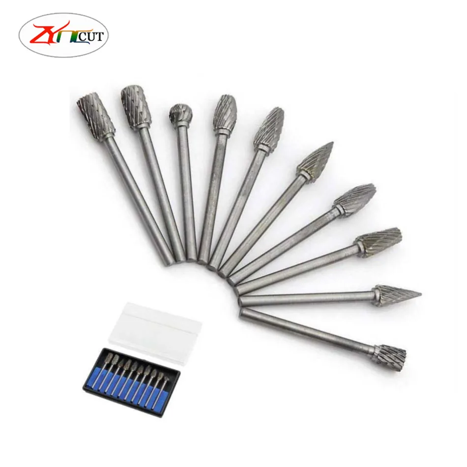 

10pcs set handle 3mm Edge 6mm Carbide rotary file tungsten steel grinding head alloy metal wood mold carving milling cutter