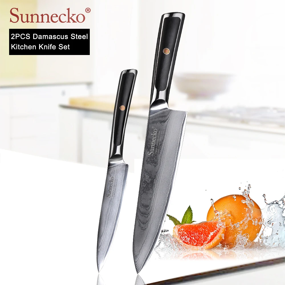 

SUNNECKO 2PCS Kitchen Knives Set 8'' Chef 5'' Utility Knife Damascus Japanese VG10 Steel Slicing Splitting Cooking Accessory