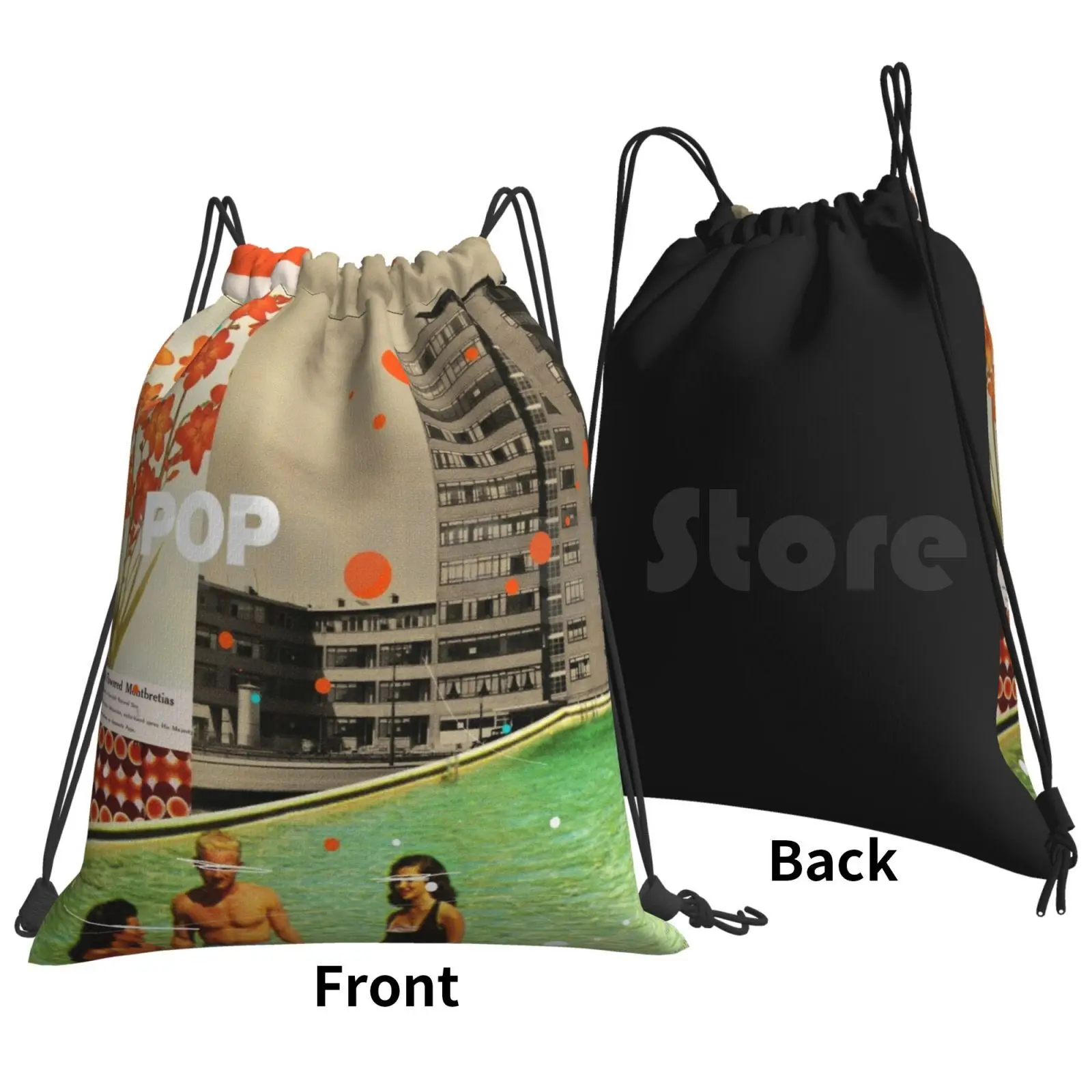 Pop Backpack Drawstring Bag Riding Climbing Gym Bag Frank Moth Vintage Collage Retro Surreal Floral Pool Red Orange Flowers