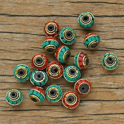 TZ-K04 Handmade Nepal Buddhist Brass Craft Beads for Necklace Jewelry Making DIY Accessories Clay Inlaid Colorful Orb Bead
