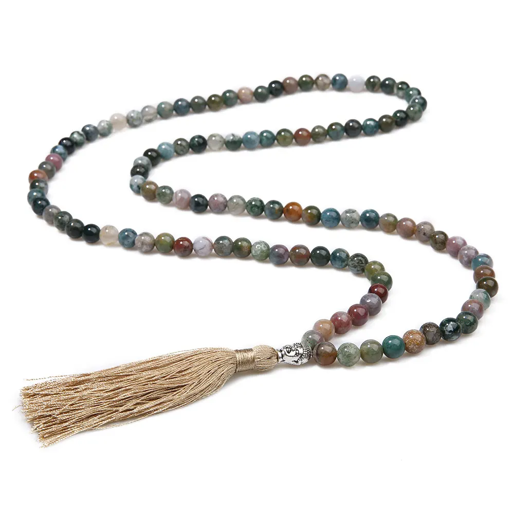 8mm Natural Indian Agate Beaded Buddha Head Necklace 108 Japa Mala Meditation Yoga Peaceful Jewelry Men\'s and Women\'s Amulet