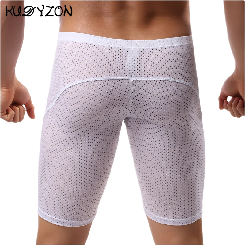 Fitness uomo lungo Boxer intimo Mesh traspirante intimo uomo Boxer pantaloncini gamba lunga bauli Sexy mutande da corsa