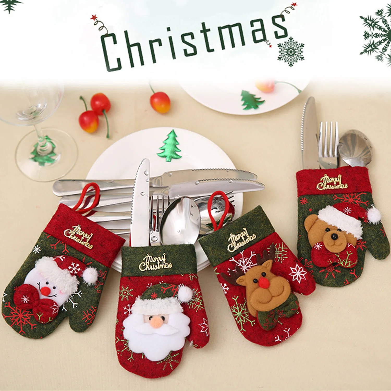 Behogar Christmas Gloves Knife Fork Cutlery Tableware Holders Pockets Pouch Candy Bag Xmas Party Home Kitchen Dinner Decorations