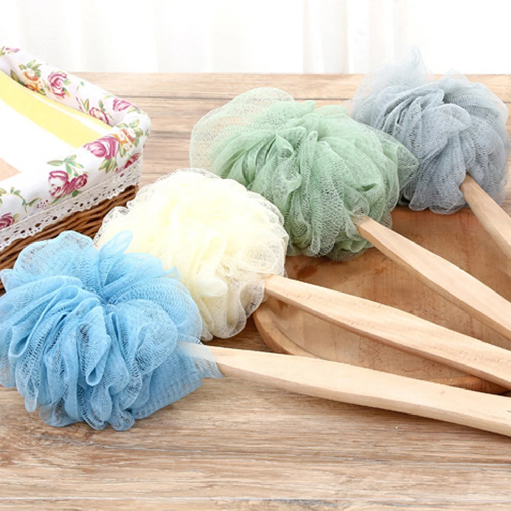 Wooden Long Handle Bath Brush Soft Nylon Mesh Back Scrubber Shower Body Cleaner Sponges Brushe Bathing Ball