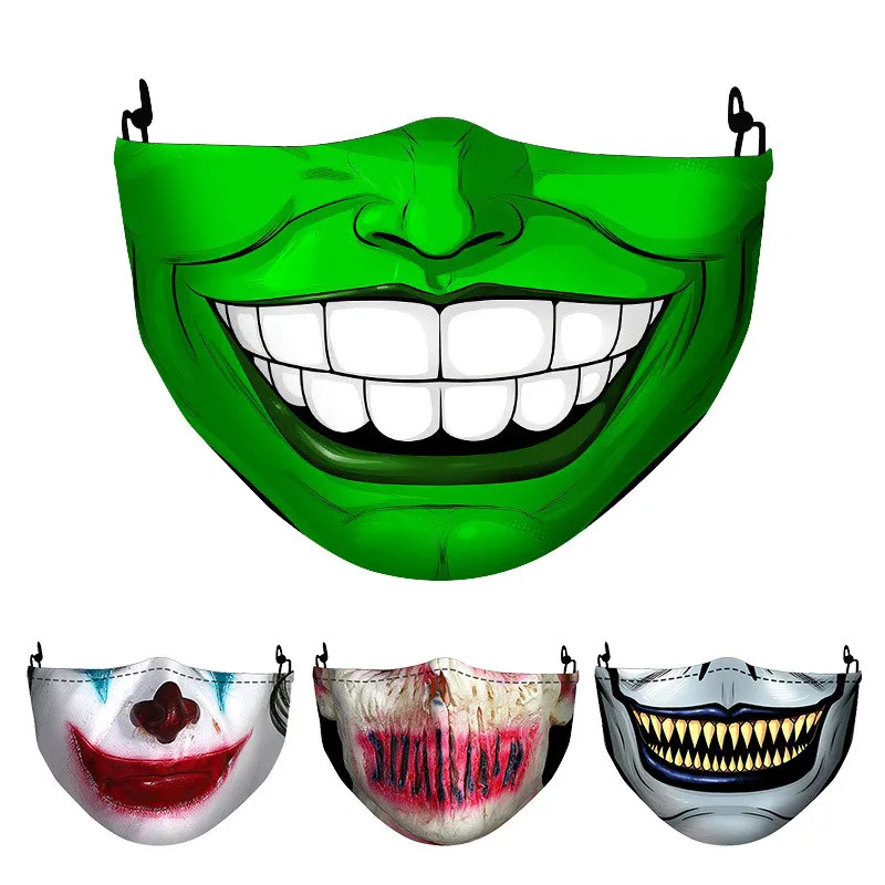 1 maschera + 2 filtro PM2.5 adulto bocca grande maschere per il viso 3D mascara halloween masculino maschera da Clown lavabile riutilizzabile massola devitida
