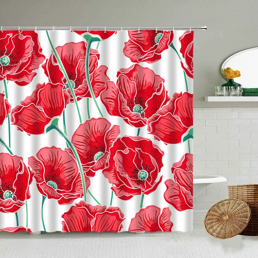 Red Flower Poppy Corn Poppy Shower Curtain Plant Summer Natural Scenery Bathroom Blackout Waterproof Polyester Cloth Curtains