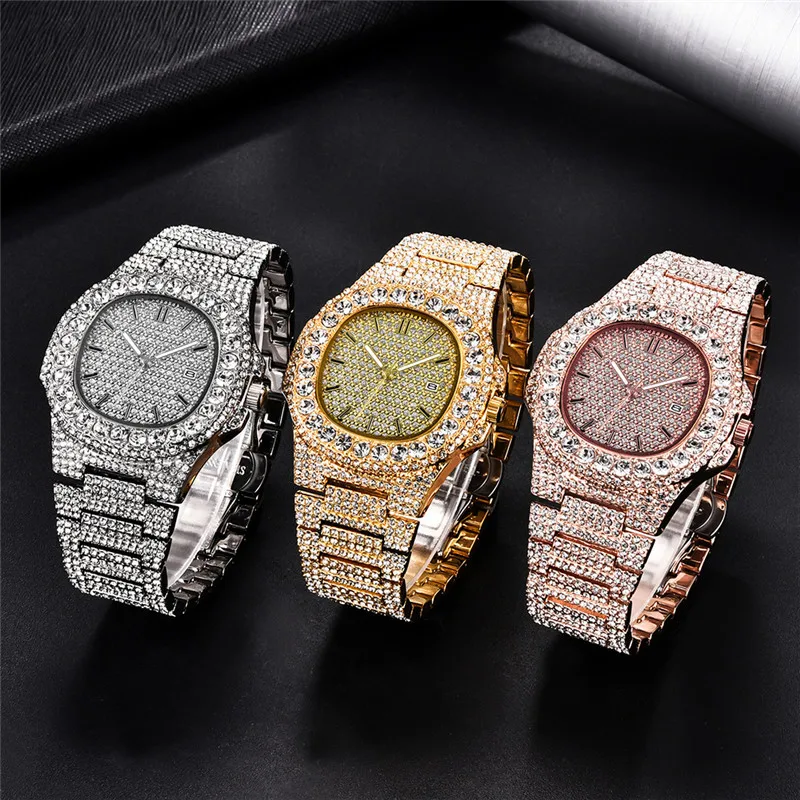 Hip Hop Full 1Row Iced Out Mens Watches Luxury Date Quartz Wrist Watches Stainless Steel Watch For Women Men Jewelry