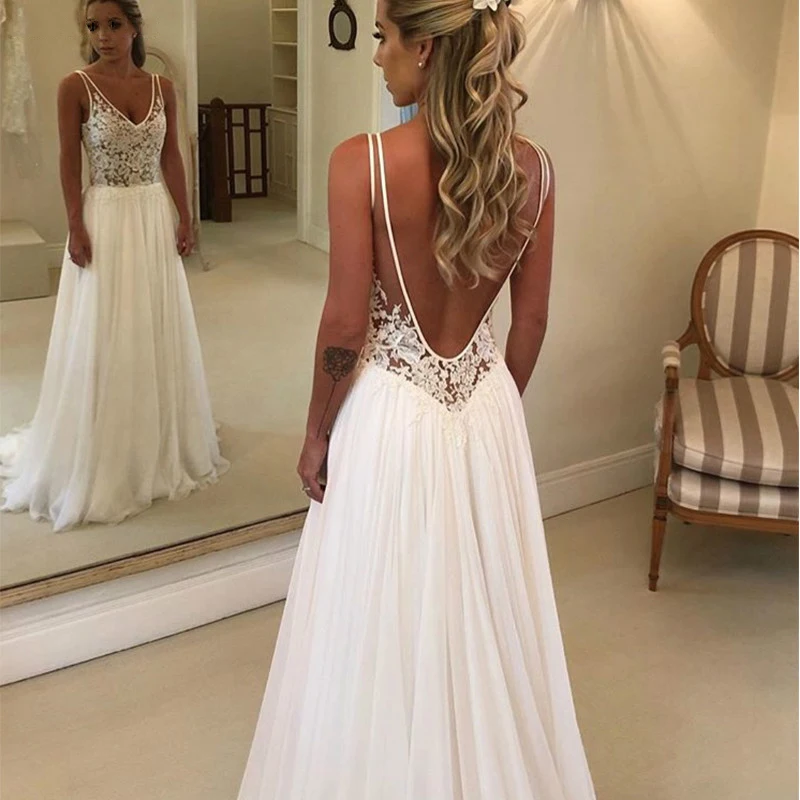 Myyble Bohemian Jurk 2021 Mouwloze V-hals Lace Open Back Unieke Romantische Backless Boho Beach Bruidsjurken