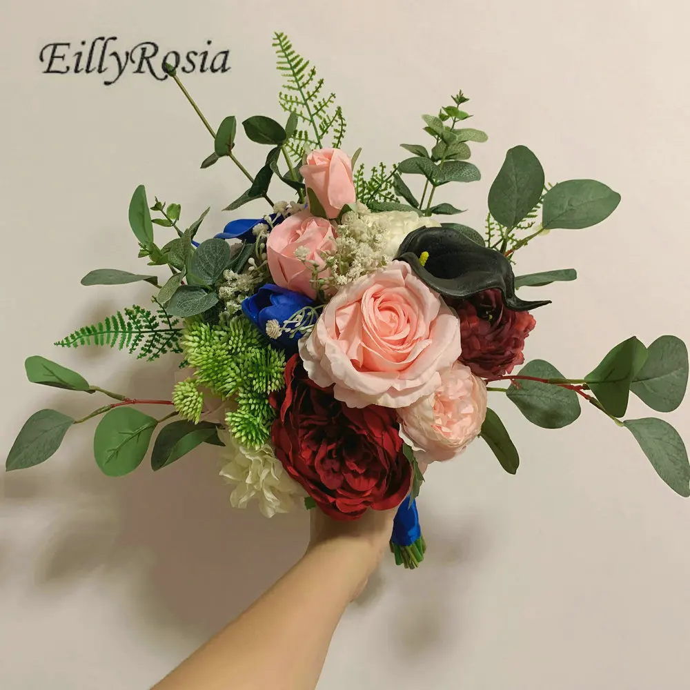 EillyRosia Country Bridal Bouquet Blue Black Cala Lily Burgundy Pink Roses Vintage Wedding Flowers for Bride and Bridesmaid