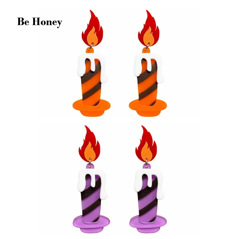 Lovely Cartoon Orange Purple Candle Acrylic Flame Stud Earrings For Women Halloween Jewelry Girls Gifts