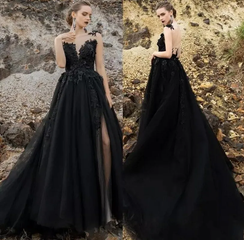 Vestidos de Novia góticos negros, ilusión de abertura alta, Apliques de encaje Bakc, vestido de Novia Sexy, 2024