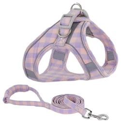 Contrast Color Dog Harness Reflective Pet Harness and Leash Set Cotton Cat Vest Checked Harnesses Sanding Leashes Adjustable